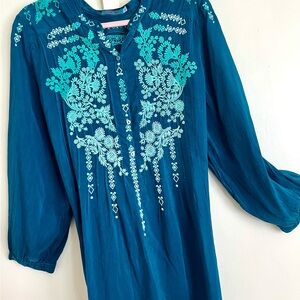 JOHNNY WAS Embroidered Turquoise Blouse Medium